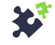 Two separate puzzle pieces, one large and dark blue and the other small and bright green, positioned close together but not interlocked.