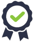 dark blue award icon with green check mark in the middle